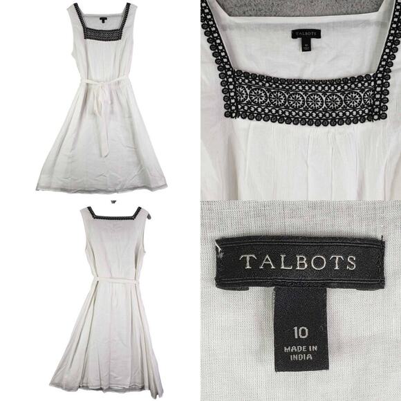 Talbots Dress Cotton Gauze Embroidered Square Neck Belted Women’s Size 10 White - Picture 2 of 9